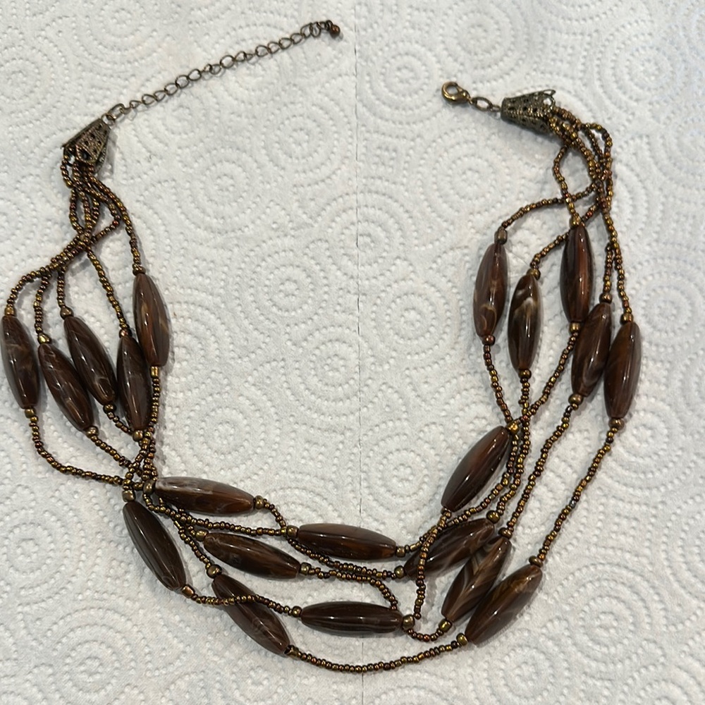 5 strand Brown copper color seed Bead and stones Necklace boho